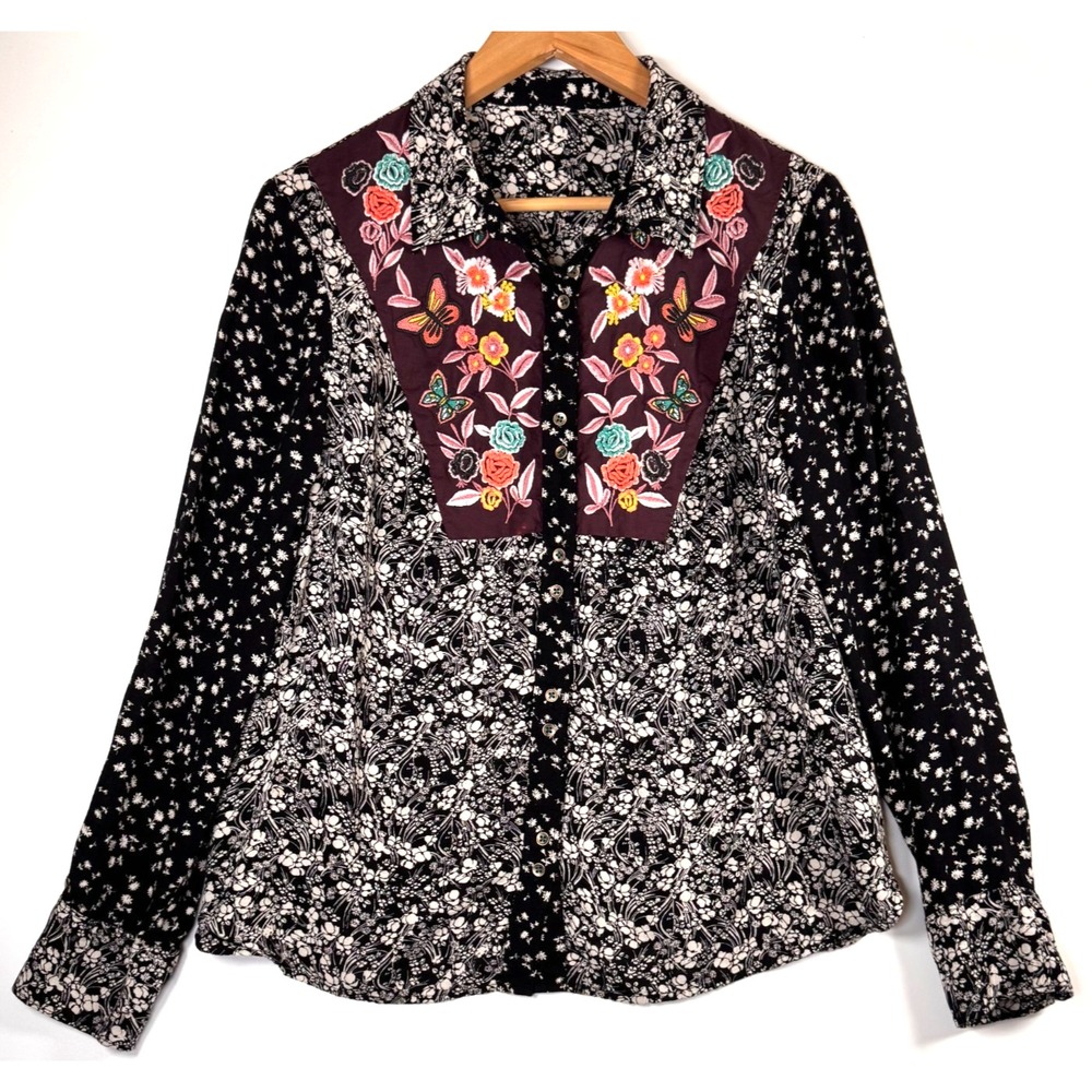 Anthropologie Embroidered Floral Butterfly Shirt Medium Black Button Down Boho